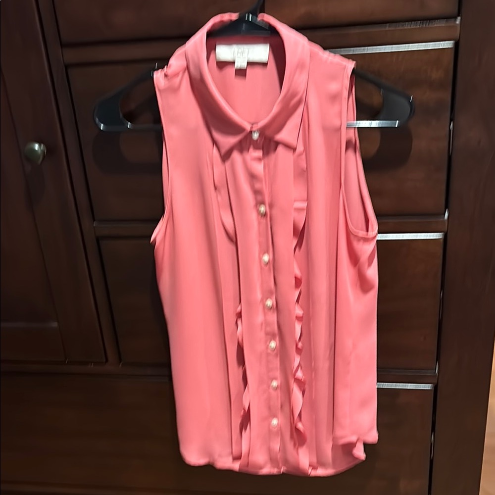 LOFT Pink Sleeveless Polo Blouse with Ruffles